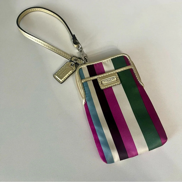 Coach Handbags - Coach Satin Legacy Multicolor Signature Stripe Wristlet Wallet Card Holder